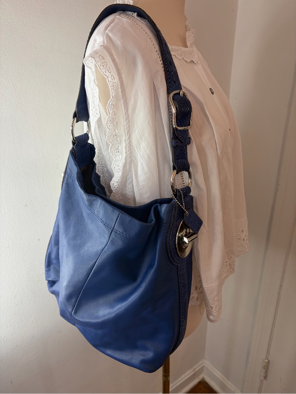 Coach Ashley Oversized Blue Leather Shoulder Hobo Bag